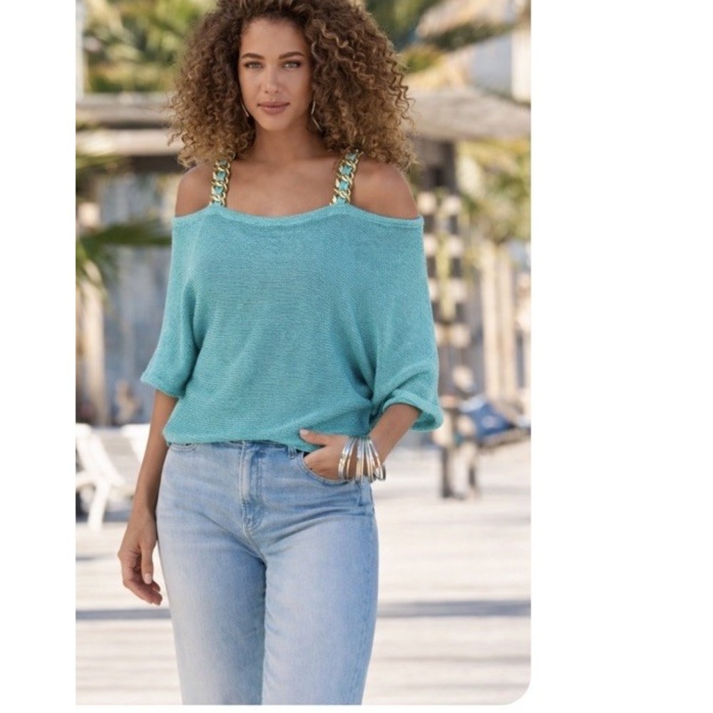 Boston Proper Chain Cold Shoulder Poncho Blouse Teal Blue Green NWT Size L XL